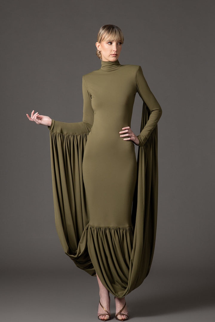 high-neck column gown with dramatic draped sleeves – OLIVIAE