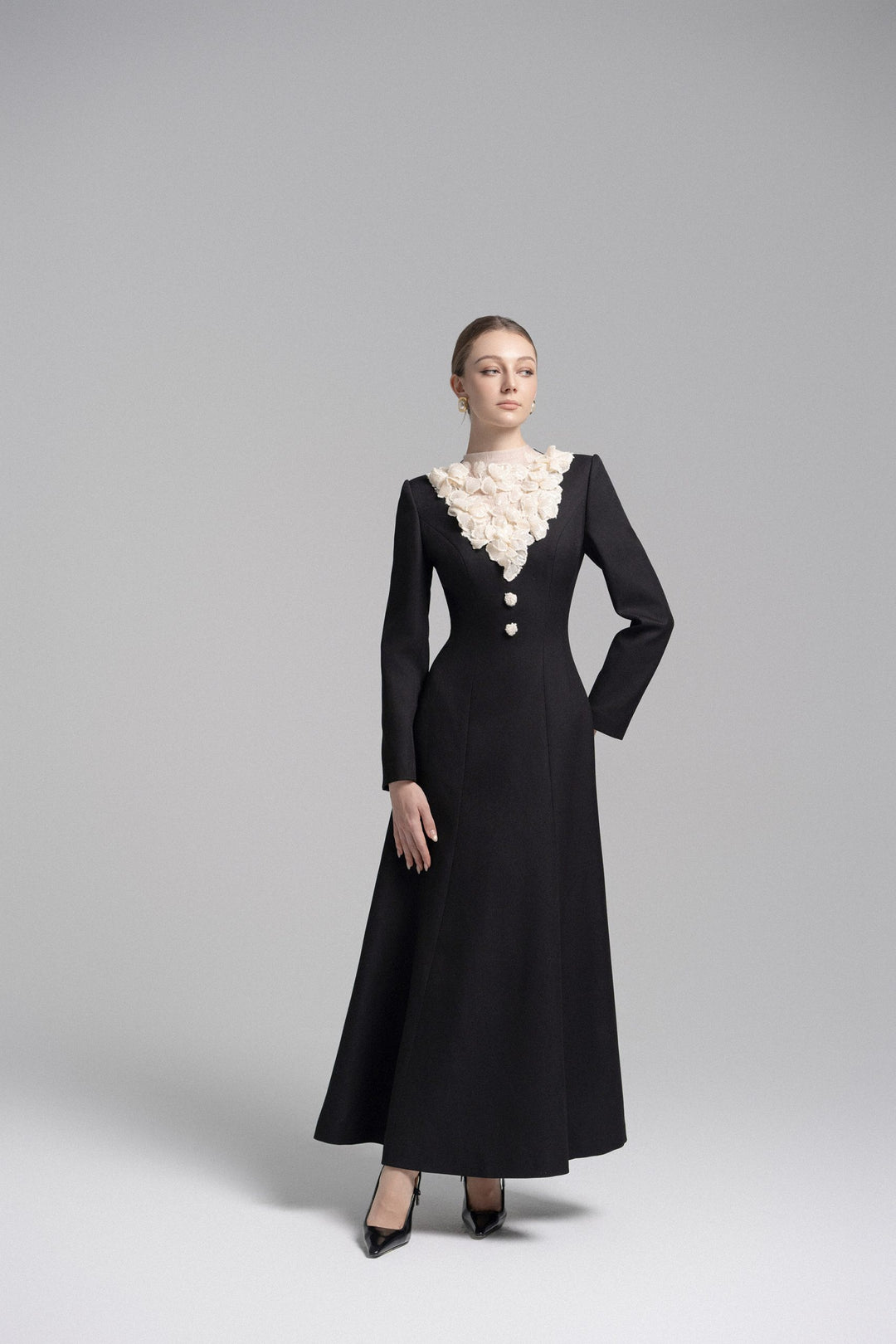 Long-sleeve A-line dress with ruffled lace neckline – VIVIENNE