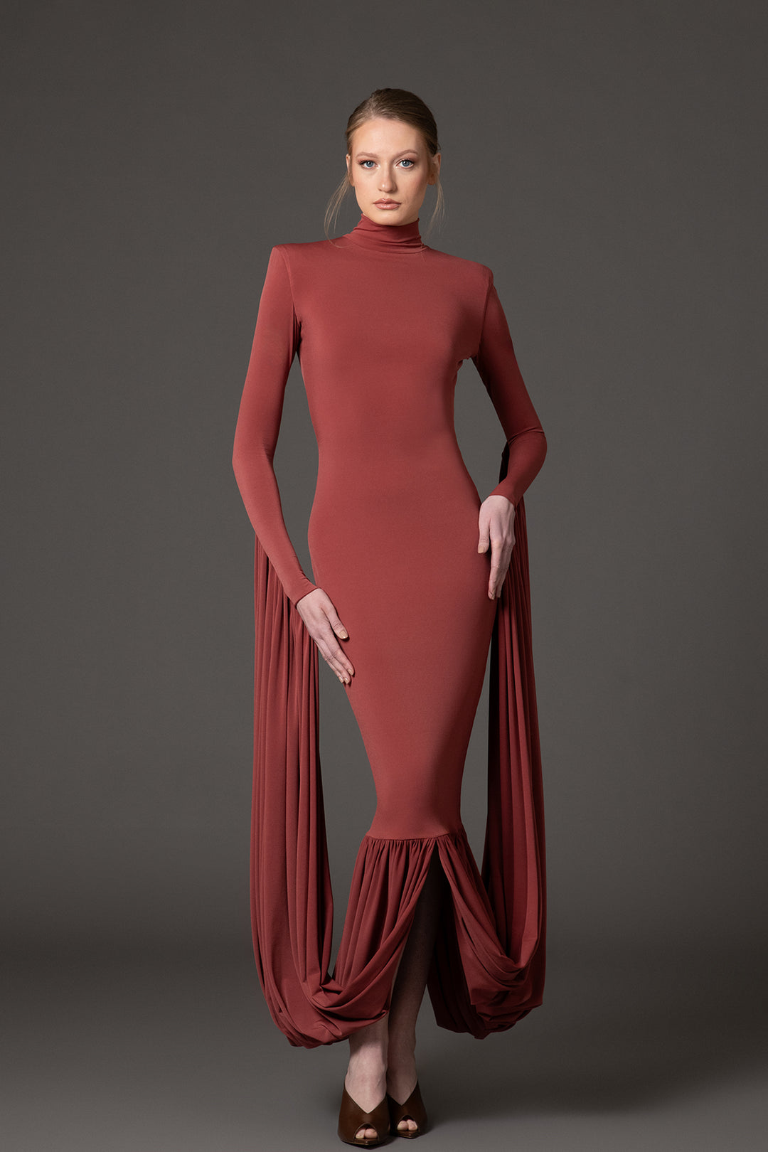 high-neck column gown with dramatic draped sleeves – OLIVIAE
