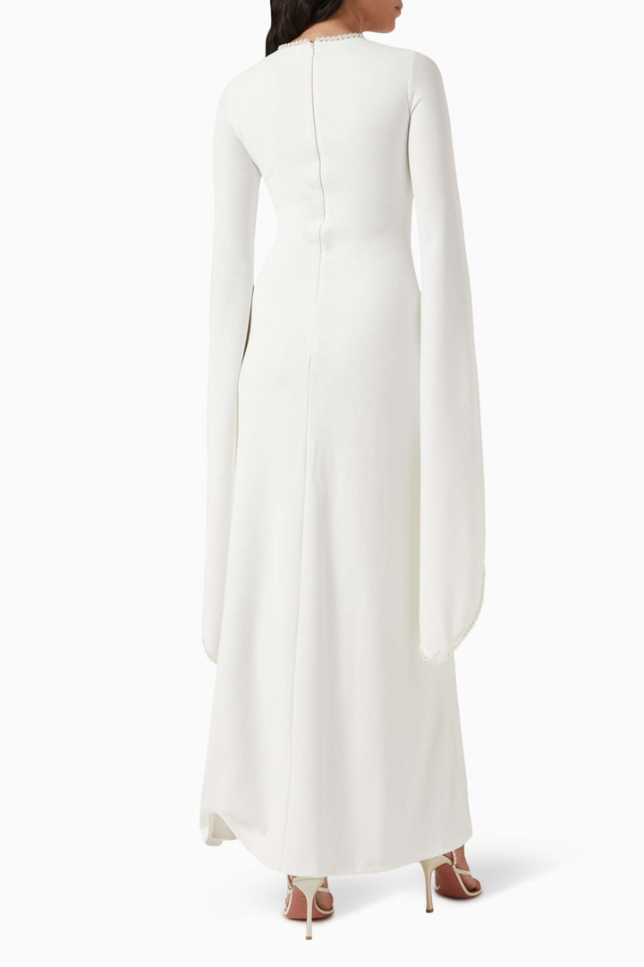 long-sleeve gown with pearl-trimmed flared cuffs – OPHELIA