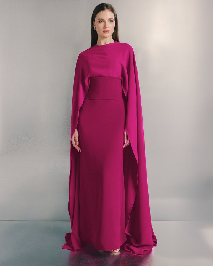 cape-sleeve column evening gown – CRIMSONA