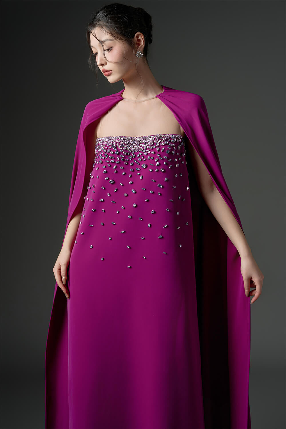 embellished strapless gown with dramatic cape – VIOLA