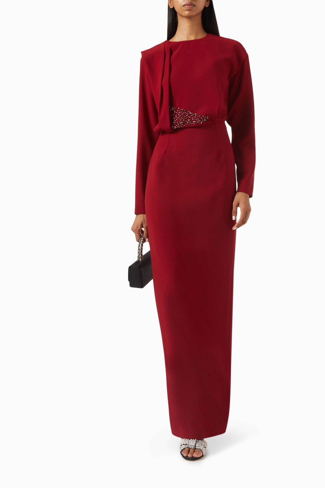 Draped long-sleeve gown with embellished waist – RUBINA