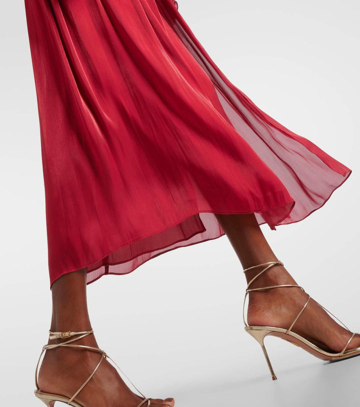 pleated chiffon midi dress with floral cuffs – FUCHSIA