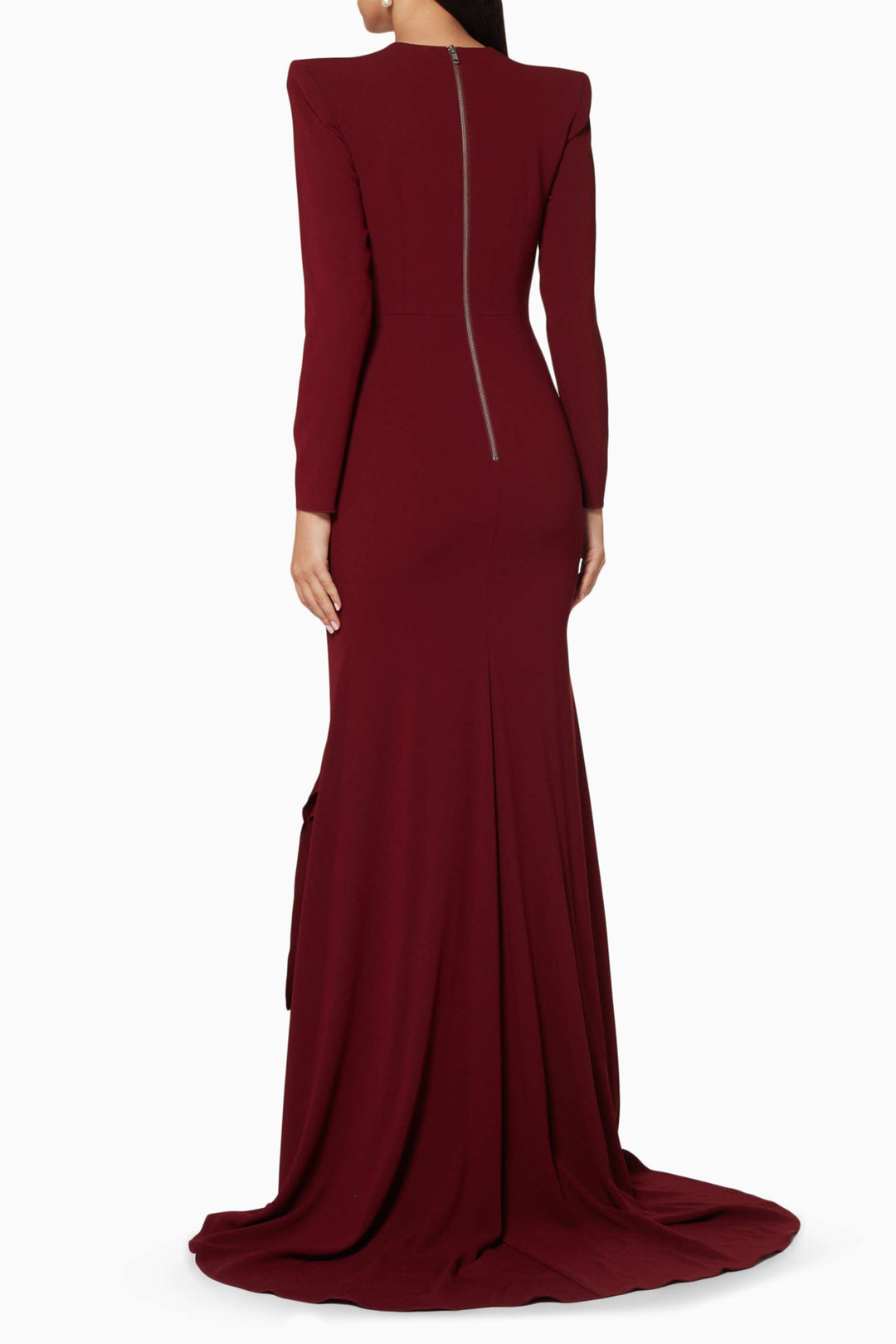 long-sleeve ruffled cascading gown – BORDEAUXG