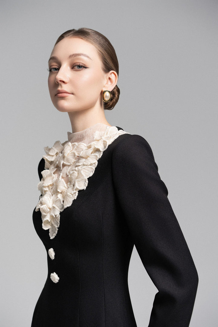 Long-sleeve A-line dress with ruffled lace neckline – VIVIENNE