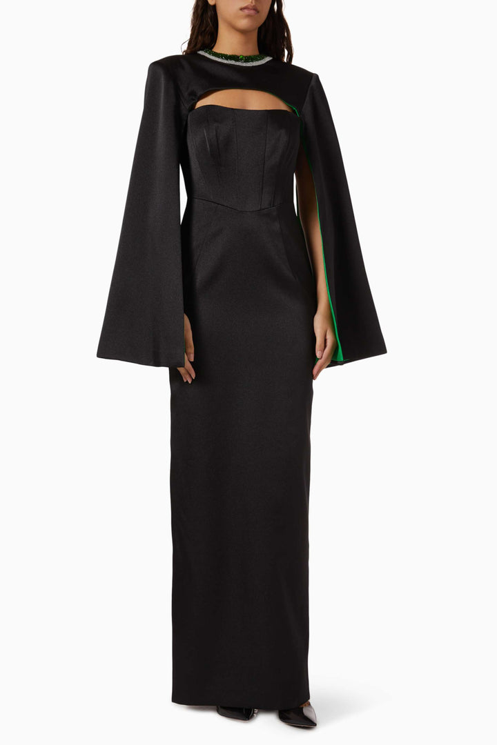 Cape-sleeve gown with cutout neckline – NOIRE