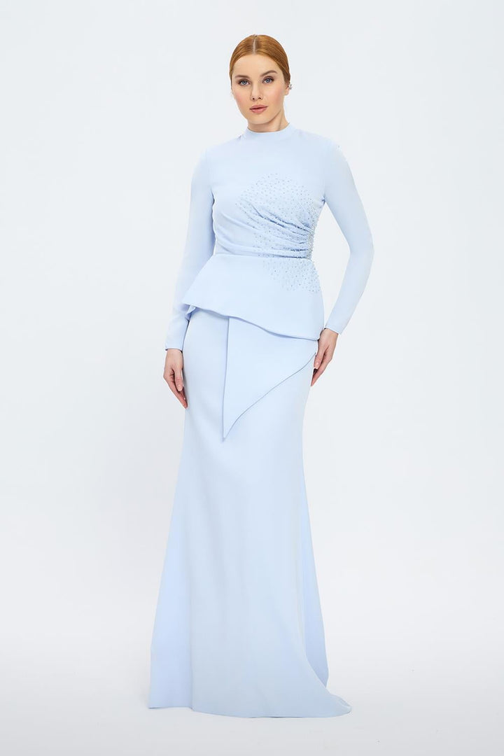long-sleeve peplum gown with crystal draping – SERENE