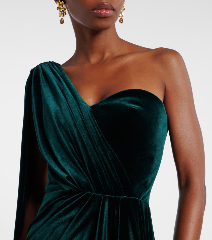 One-shoulder velvet gown with draped cape – EMERALDA