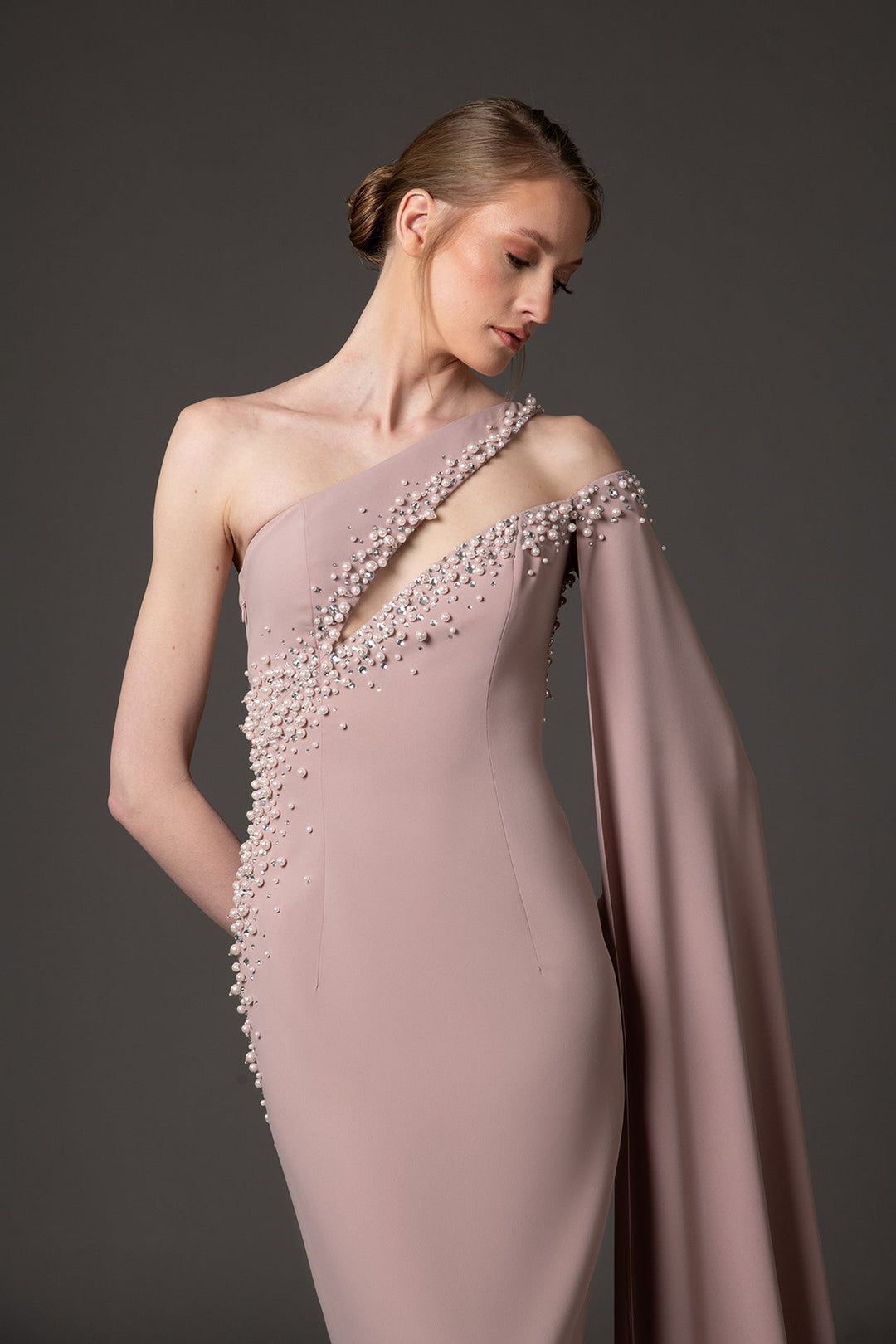 one-shoulder pearl-embellished column gown with draped cape – AURELIS