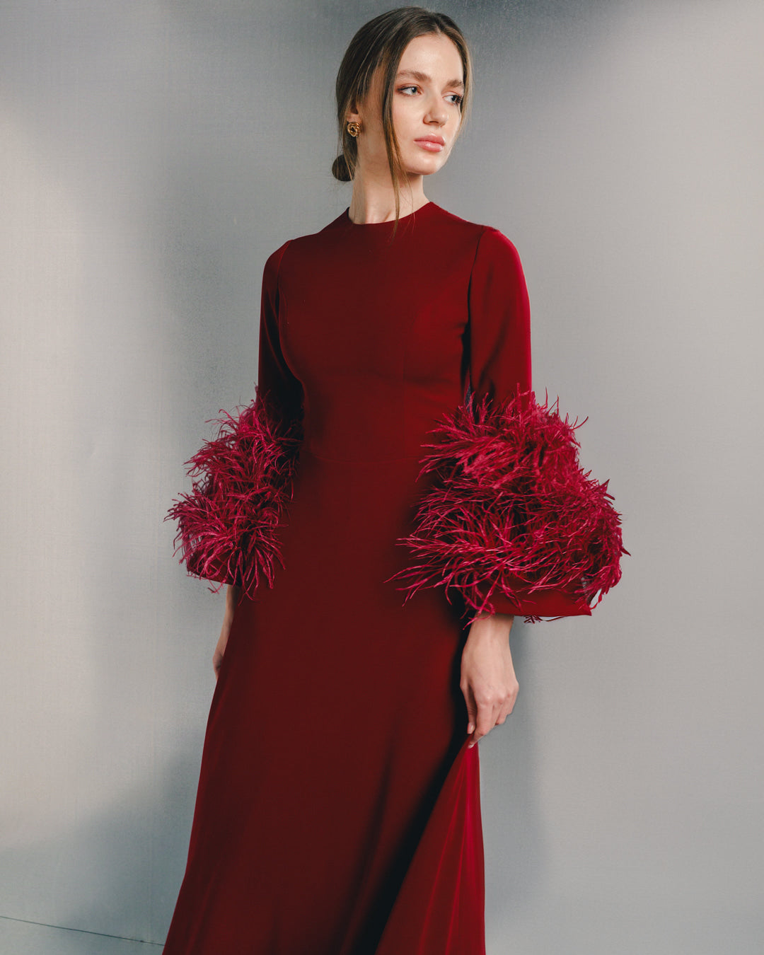 long-sleeve evening gown with feather cuffs – SCARLETT