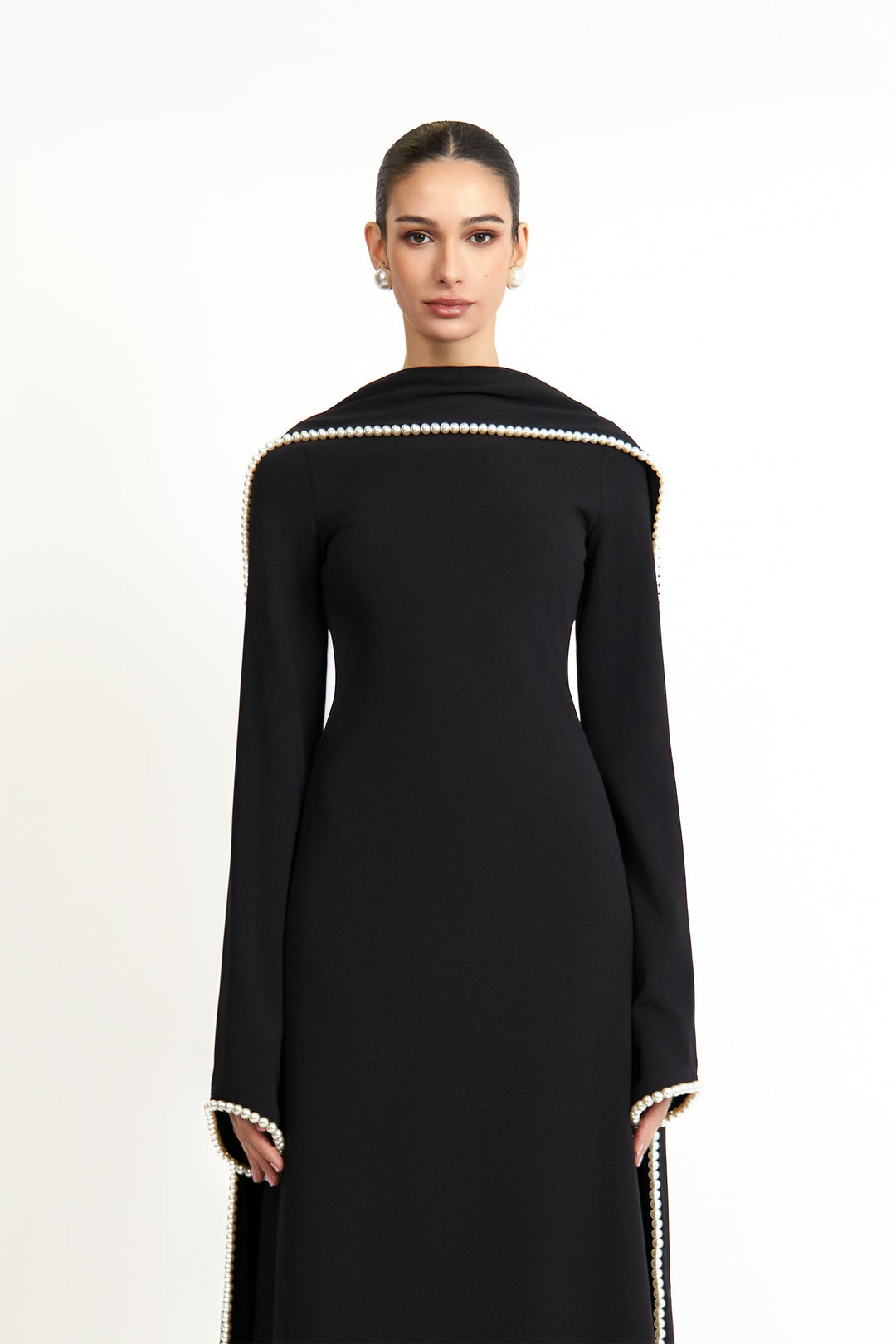 long-sleeve gown with draped pearl-trimmed cape – IVORY GRACE