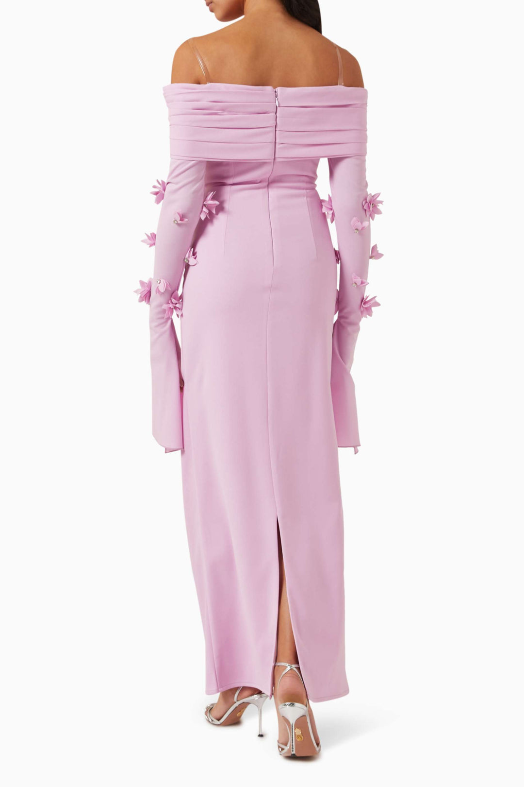 off-shoulder gown with floral appliqué sleeves – BLOSSOM