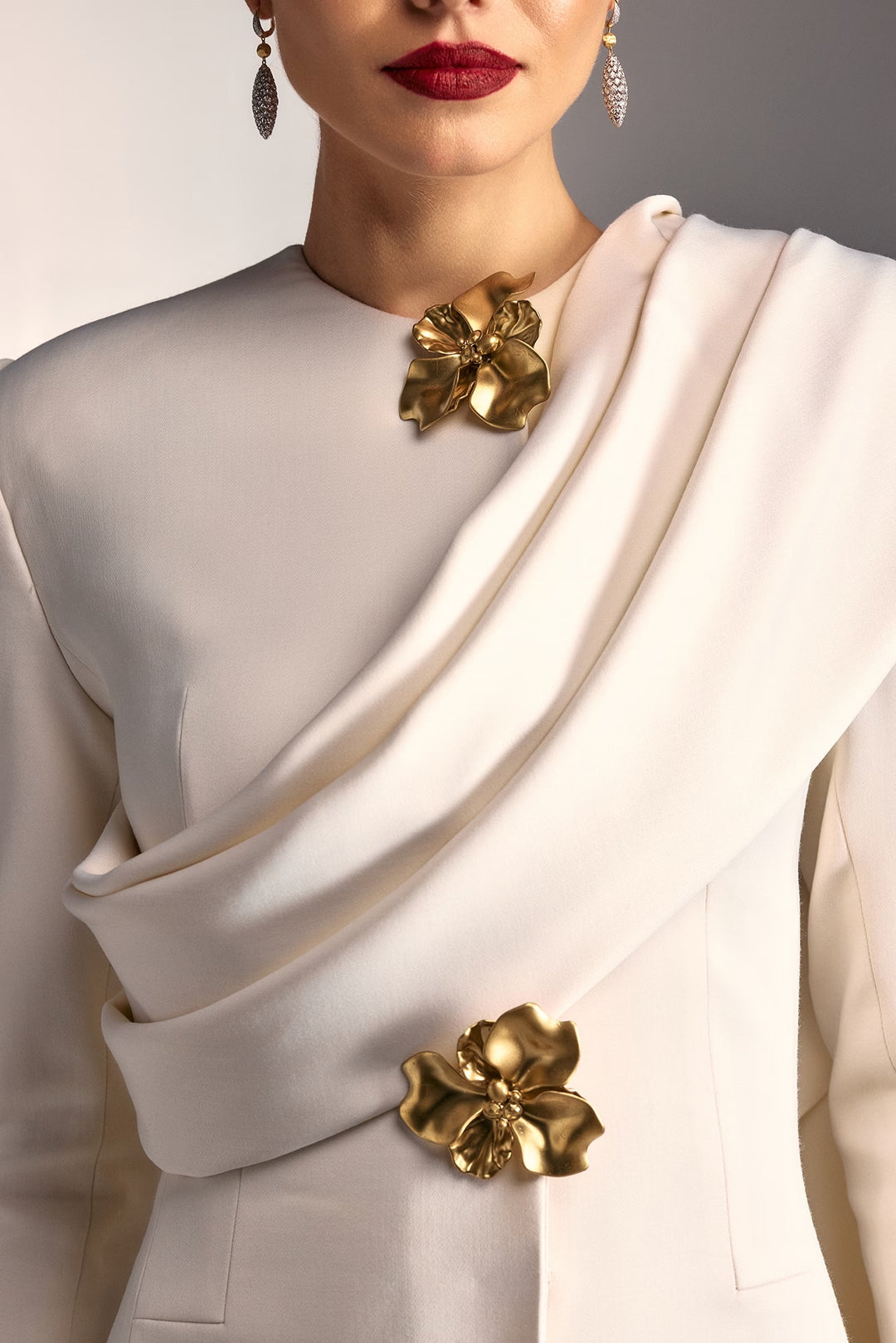 Draped crepe gown with gold floral embellishments – CELESTE