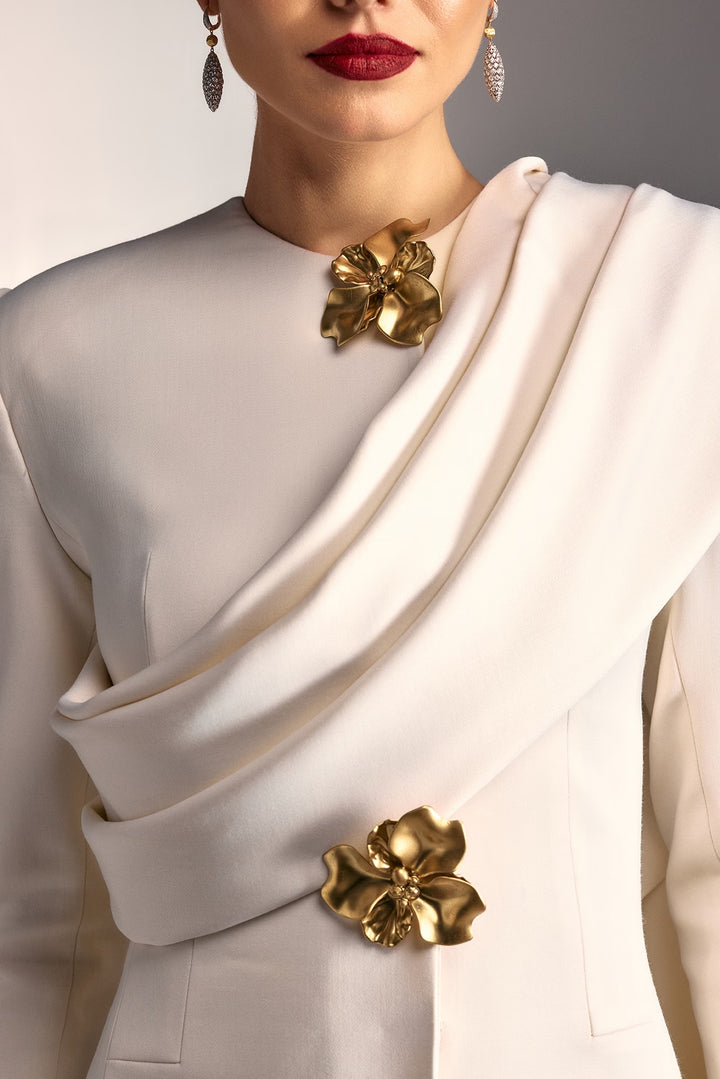 Draped crepe gown with gold floral embellishments – CELESTE