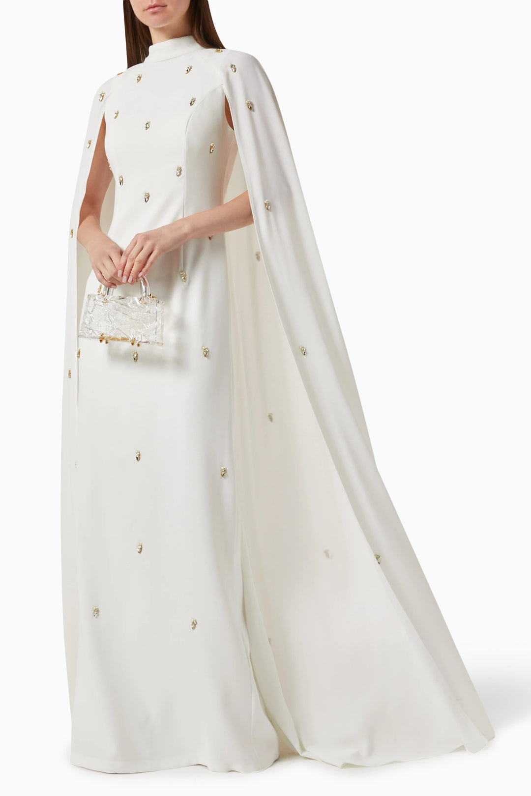 embellished cape gown with crystal accents – THRIIYE