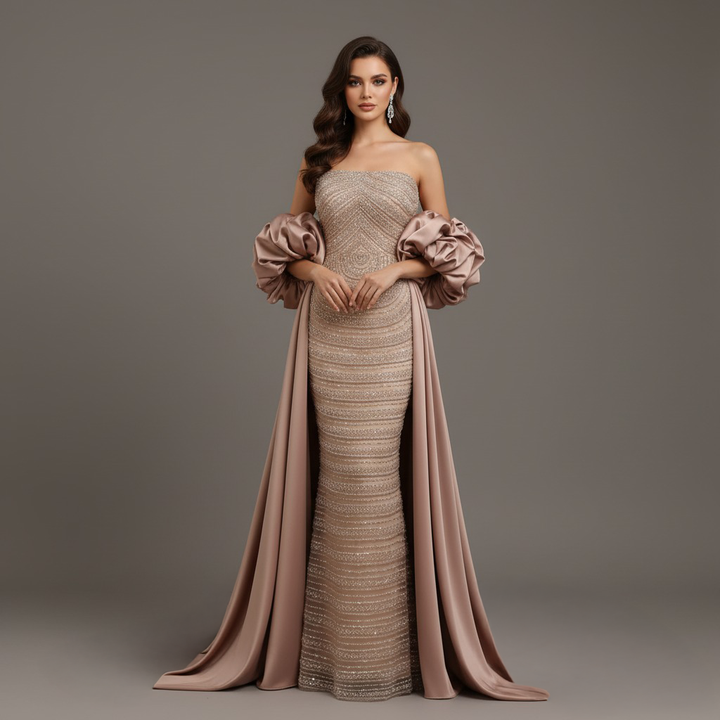 strapless beaded column gown with ruffled sleeves – AURORA