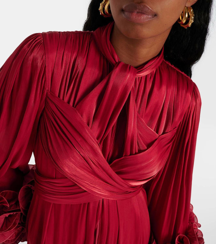 pleated chiffon midi dress with floral cuffs – FUCHSIA