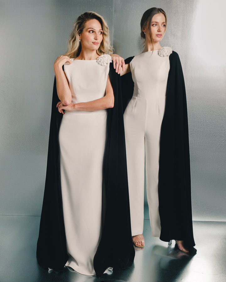 two-tone column gown with draped cape sleeves – AURORA