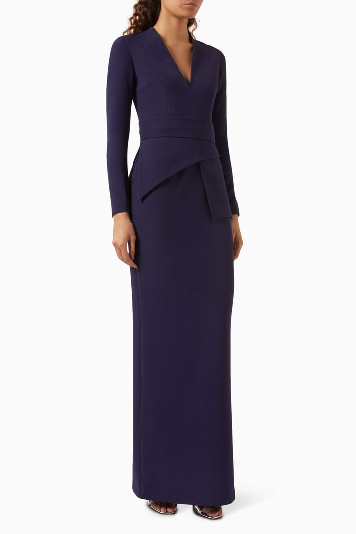 Long-sleeve gown with structured peplum waist – NOIRÉ