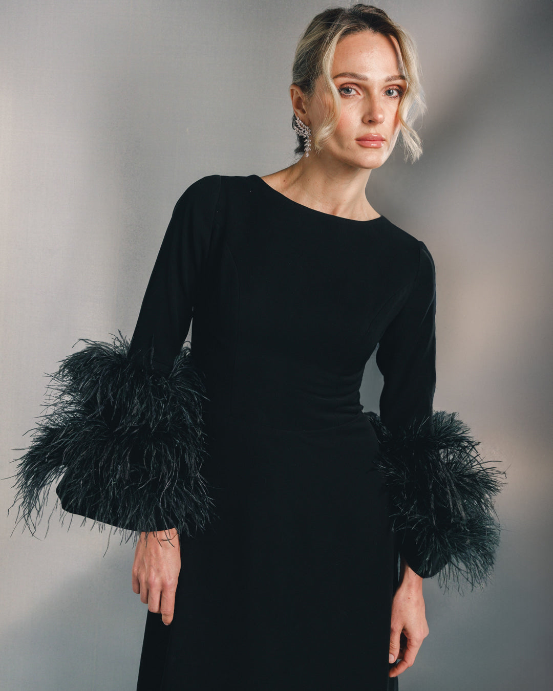 long-sleeve evening gown with feather cuffs – SCARLETT