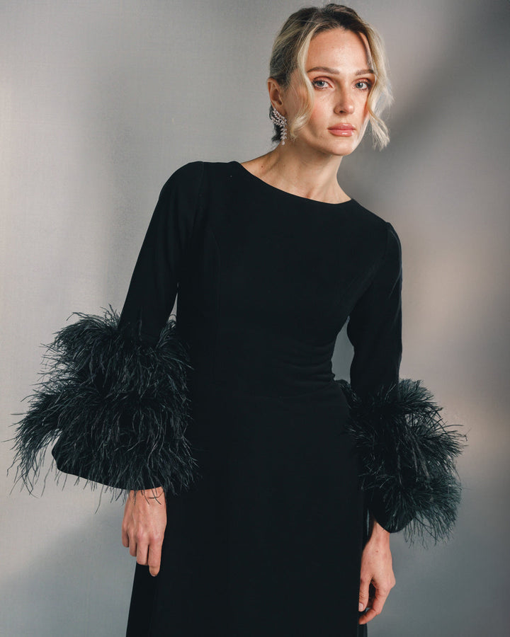 long-sleeve evening gown with feather cuffs – SCARLETT
