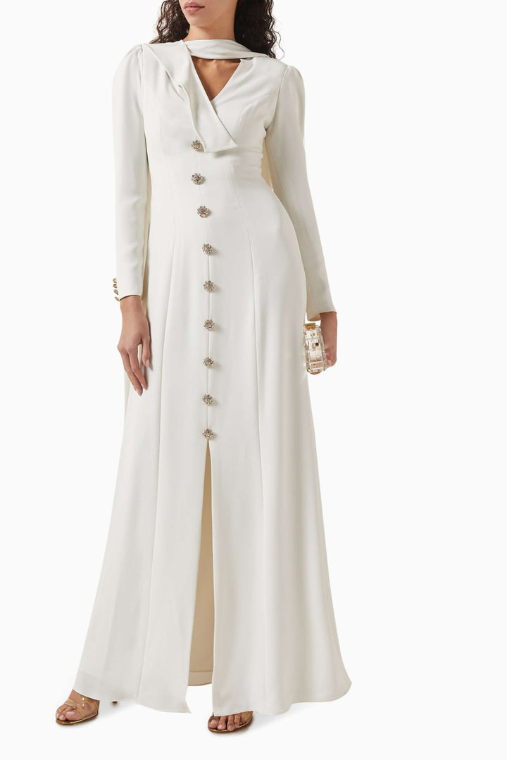draped neckline gown with jeweled buttons – IVORY
