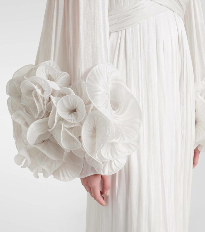 pleated chiffon midi dress with floral cuffs – FUCHSIA