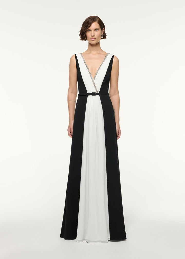 two-tone pleated gown with embellished V-neck – AURELIA