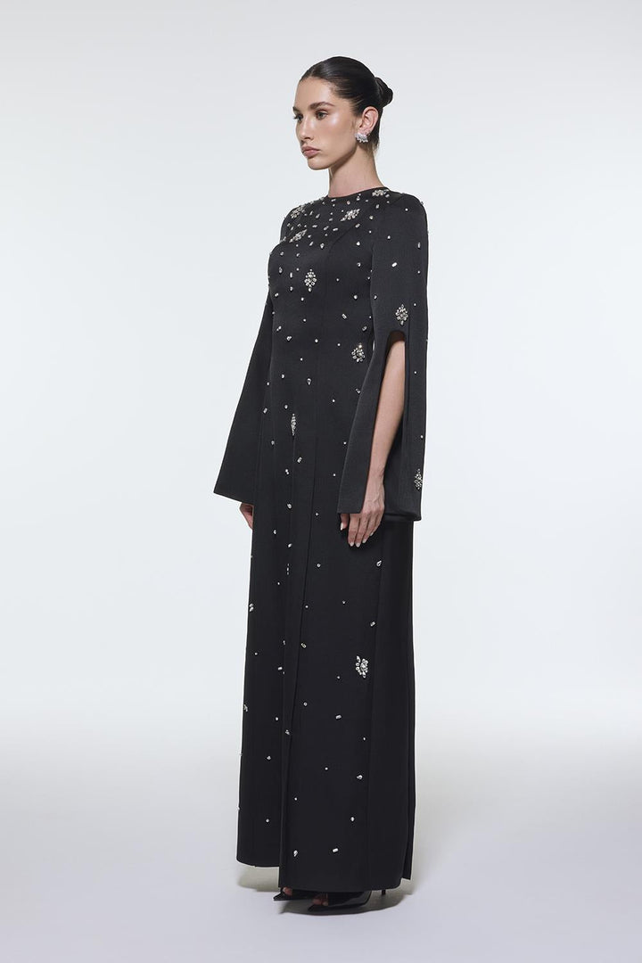 long-sleeve column gown with scattered crystal embellishments – NOIRÉ
