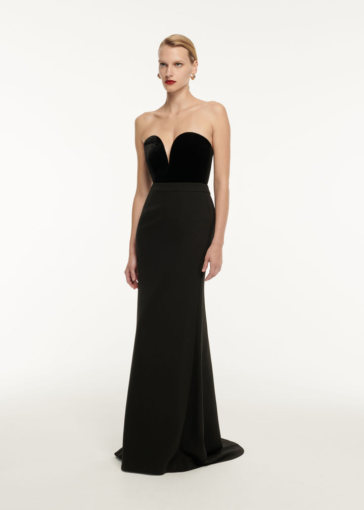 strapless velvet-bust column gown – VELORIA
