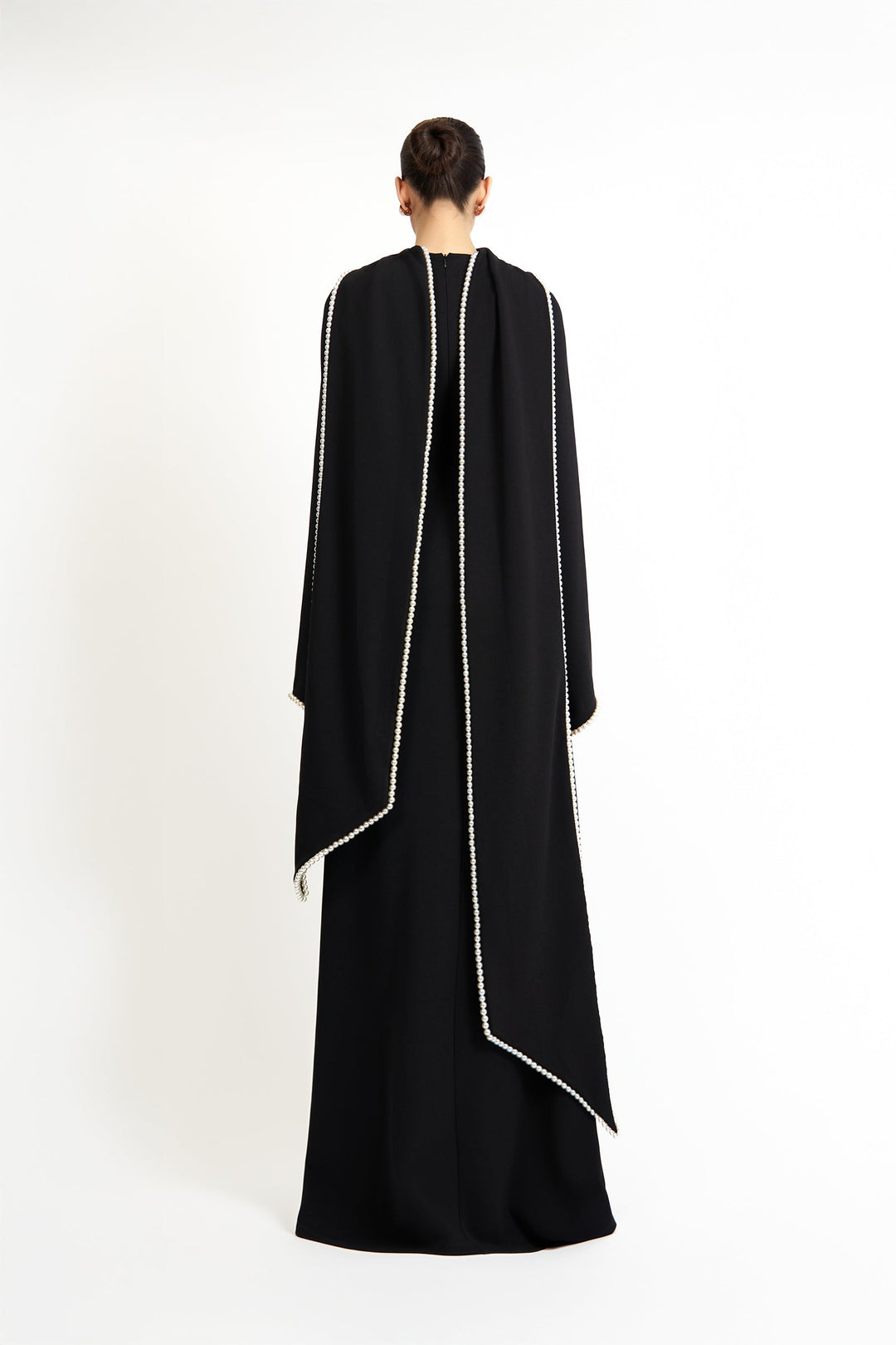long-sleeve gown with draped pearl-trimmed cape – IVORY GRACE