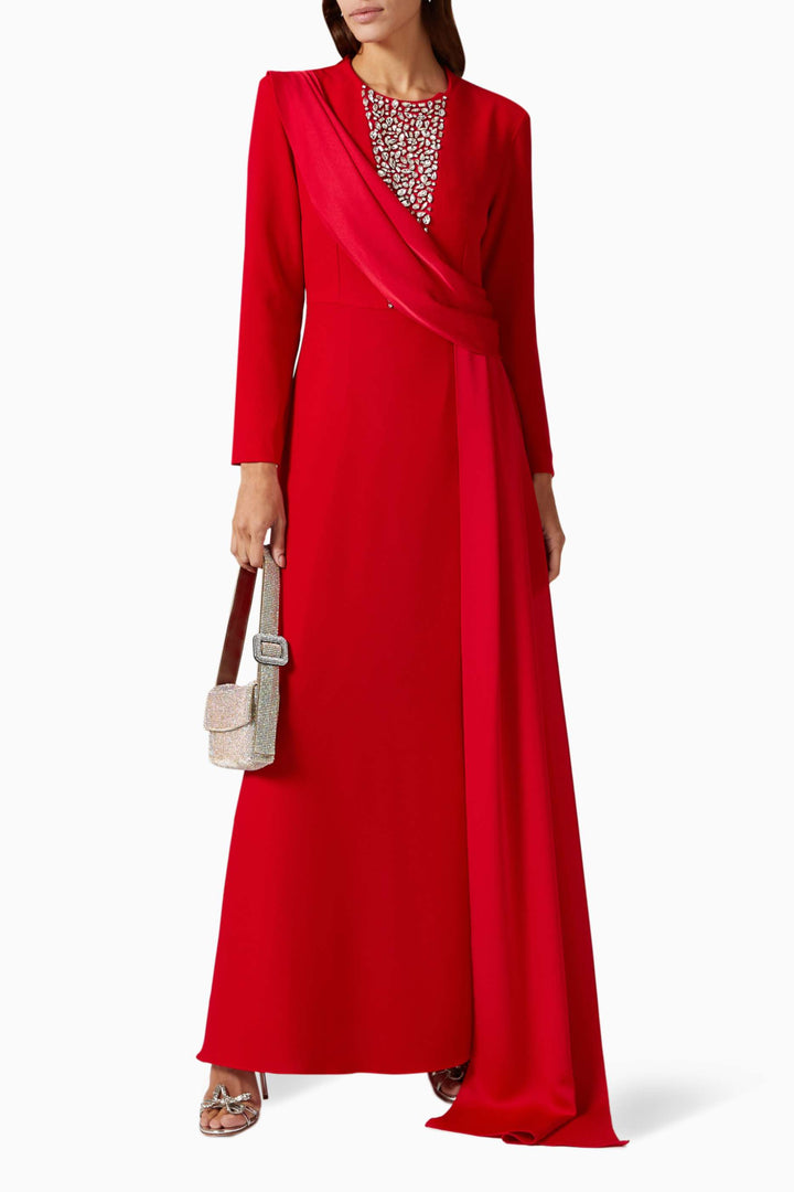 long-sleeve gown with embellished illusion neckline & draped sash – RHEA