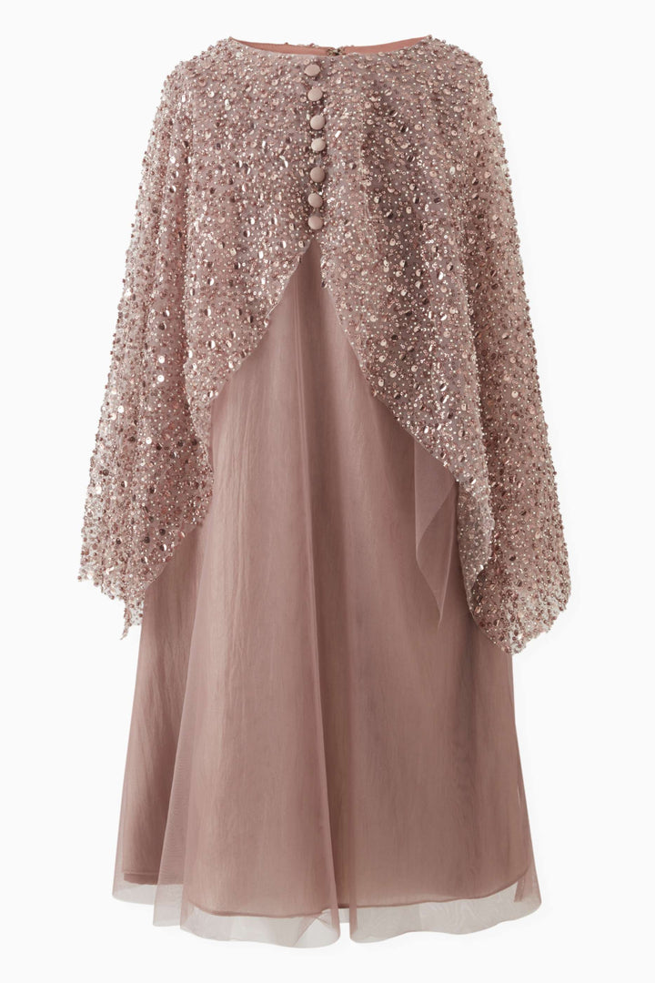 Beaded Cape Overlay Midi Dress with Button Back – ROSE