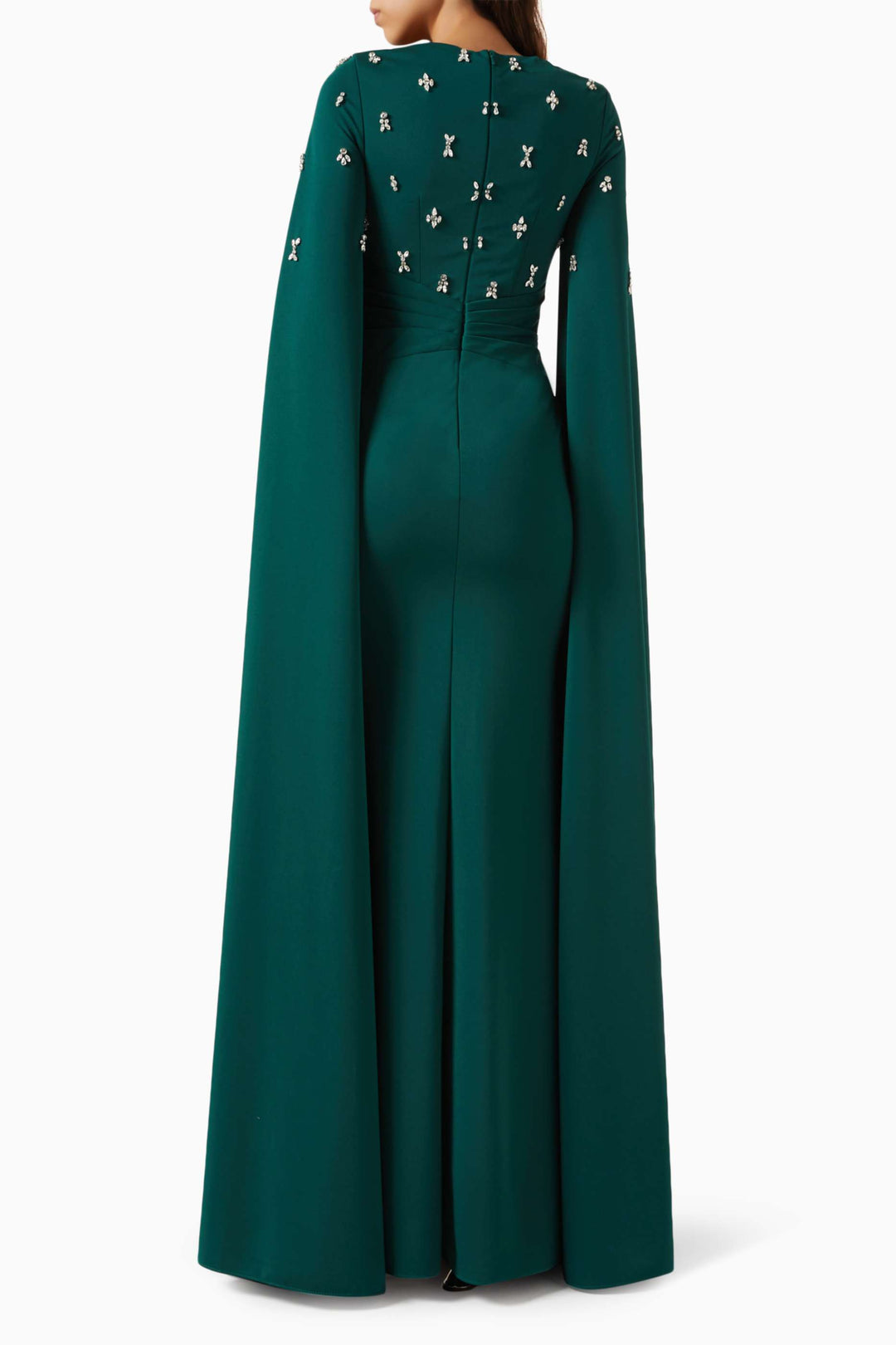 Embellished V-neck cape gown with fitted waist – EMERALDIA