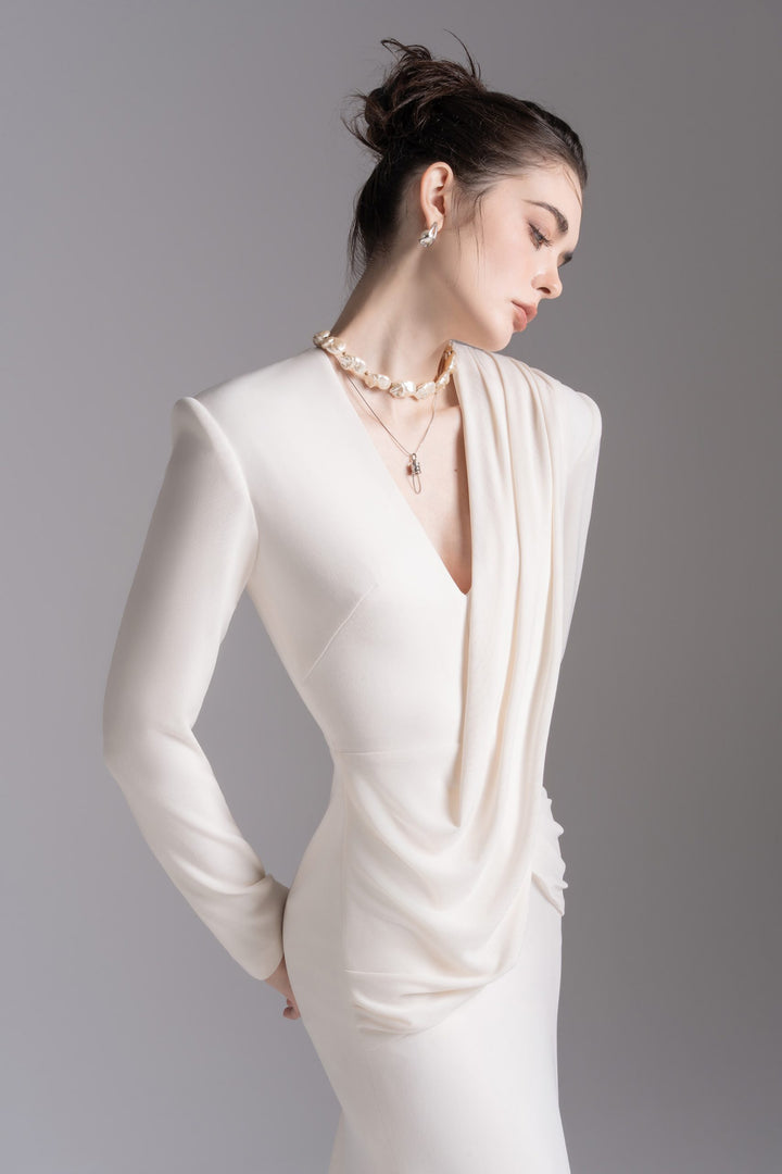 Draped V-neck long-sleeve gown – LAVENYA