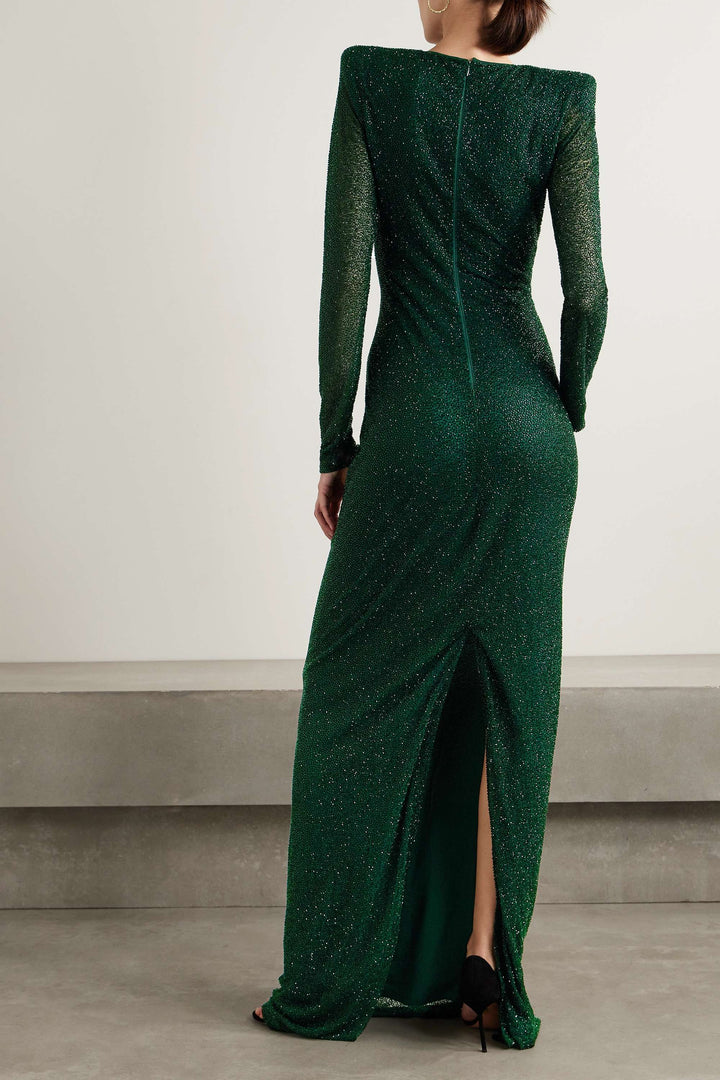 long-sleeve shimmer gown with structured shoulders – EMERALD