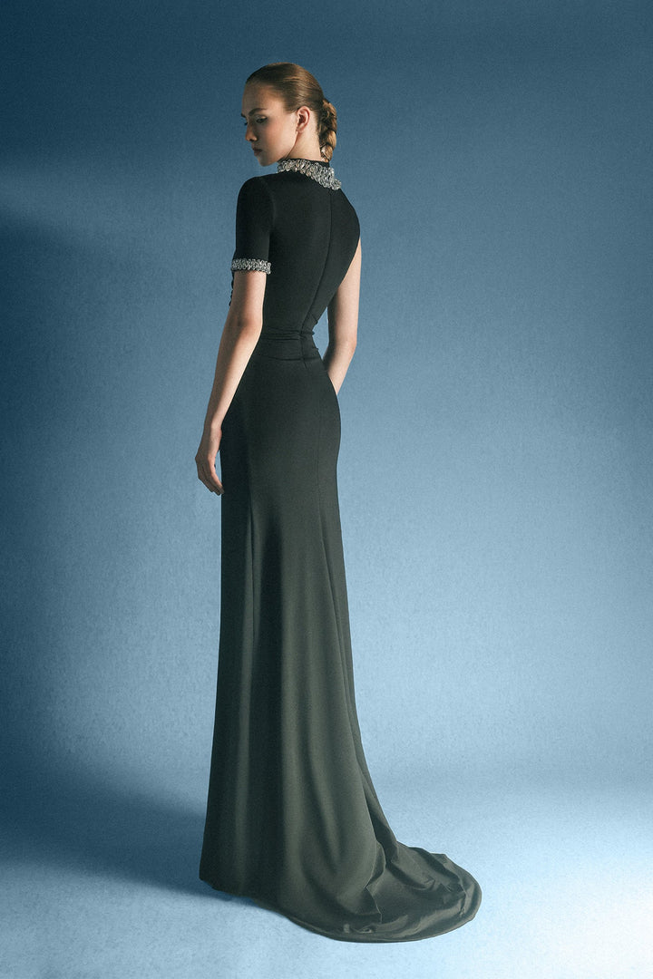 asymmetric crystal-neckline column gown with high slit – NOCTURNA