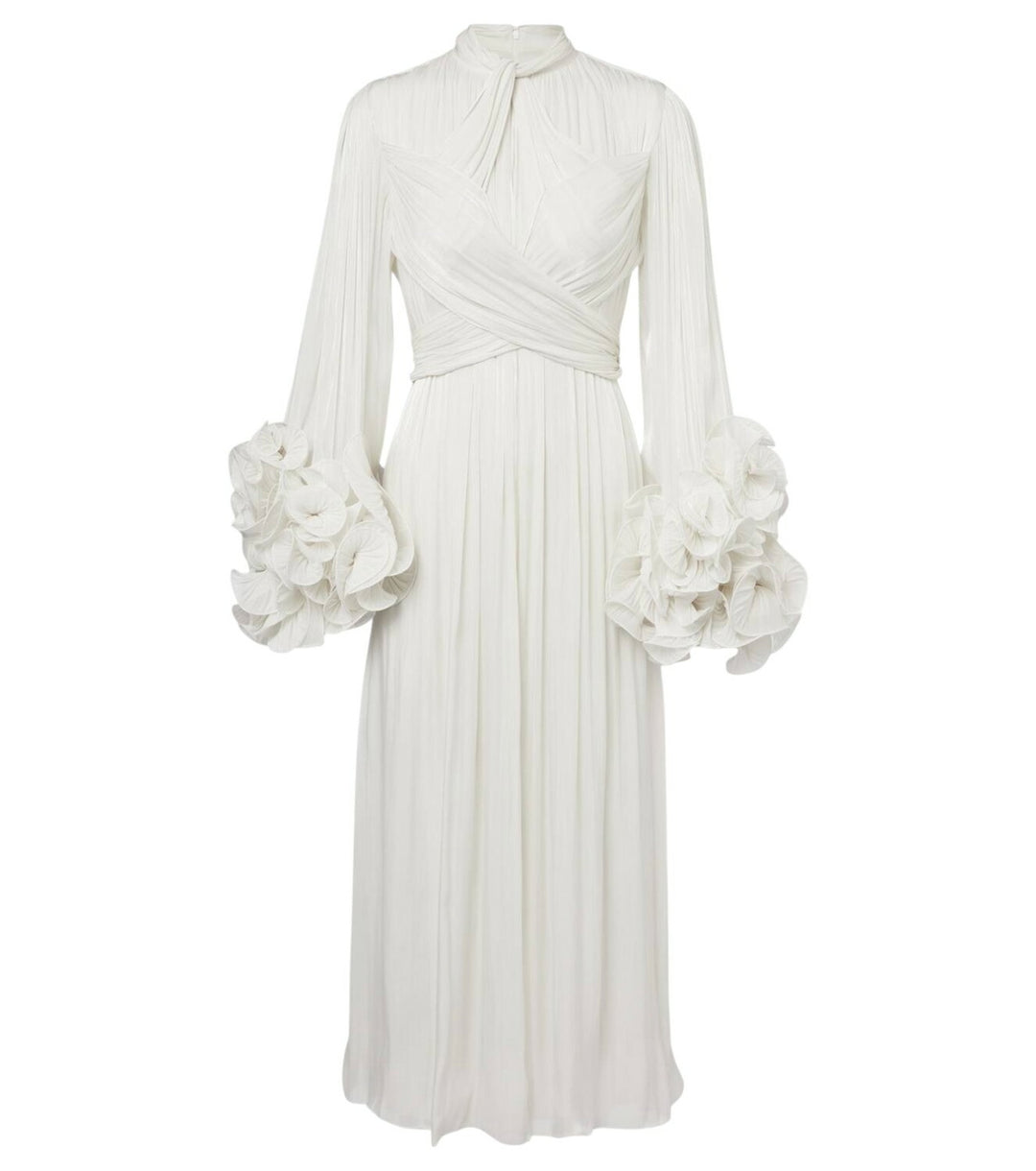 pleated chiffon midi dress with floral cuffs – FUCHSIA