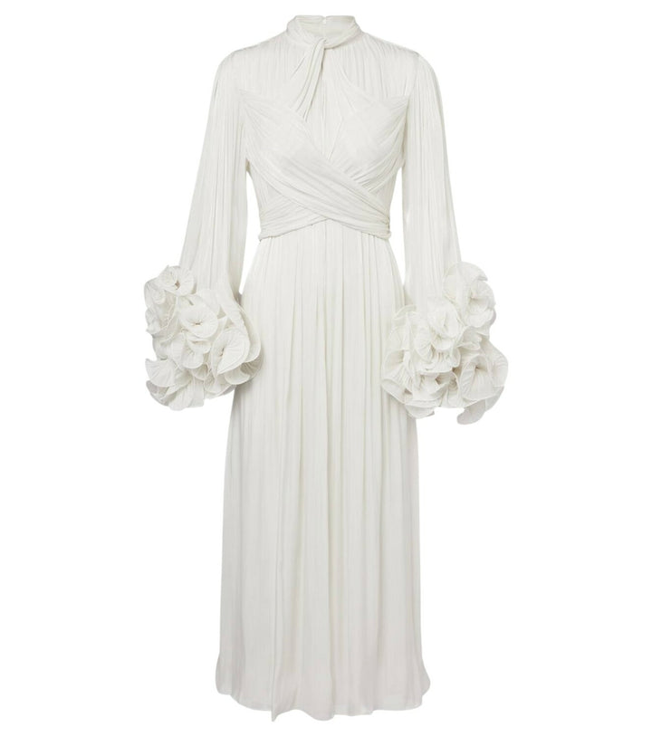 pleated chiffon midi dress with floral cuffs – FUCHSIA