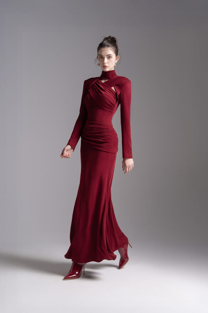 Draped cutout high-neck gown – SCARLETTA