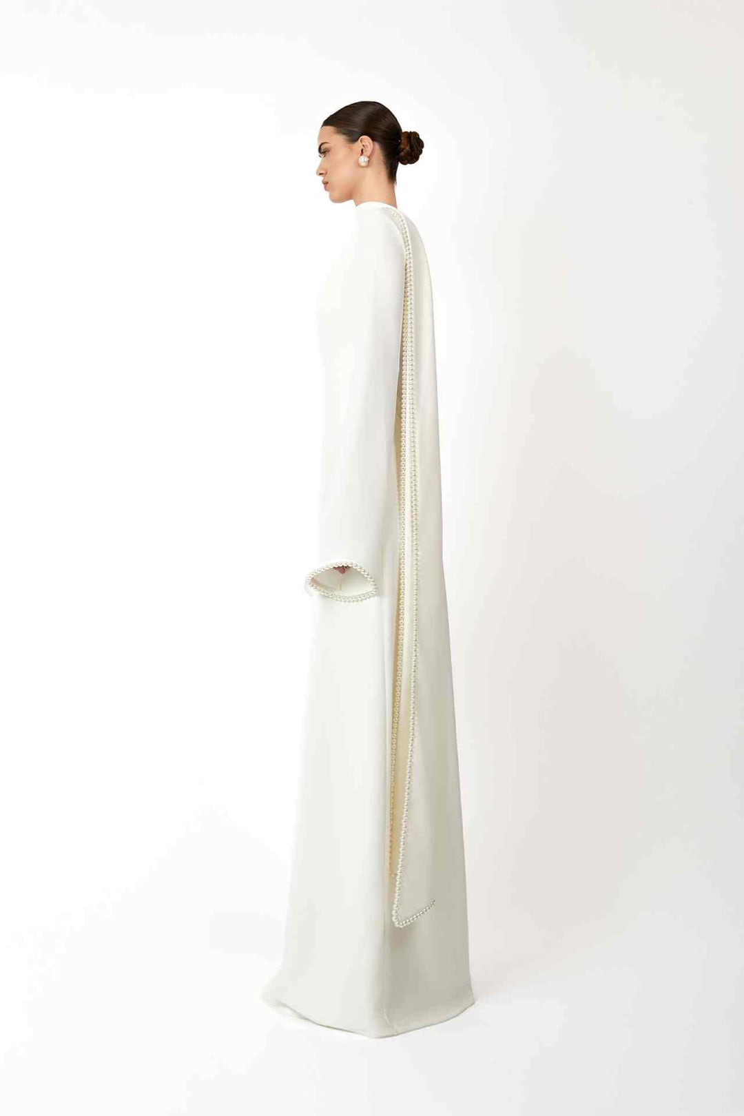 long-sleeve gown with draped pearl-trimmed cape – IVORY GRACE