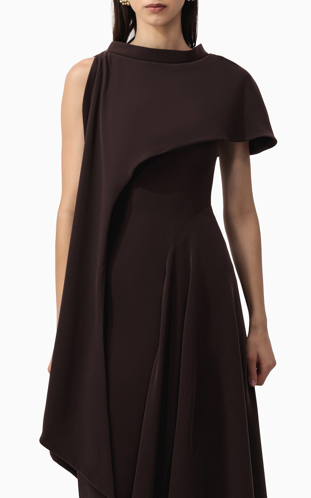 asymmetric draped gown with sculpted shoulder cape – NOIR