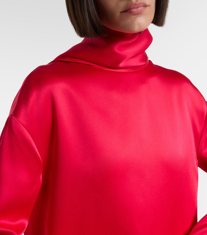 High-neck satin mini dress with dramatic back train – RUBY