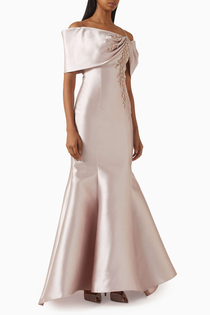 Off-shoulder mermaid gown with embellished drape – CELESTE
