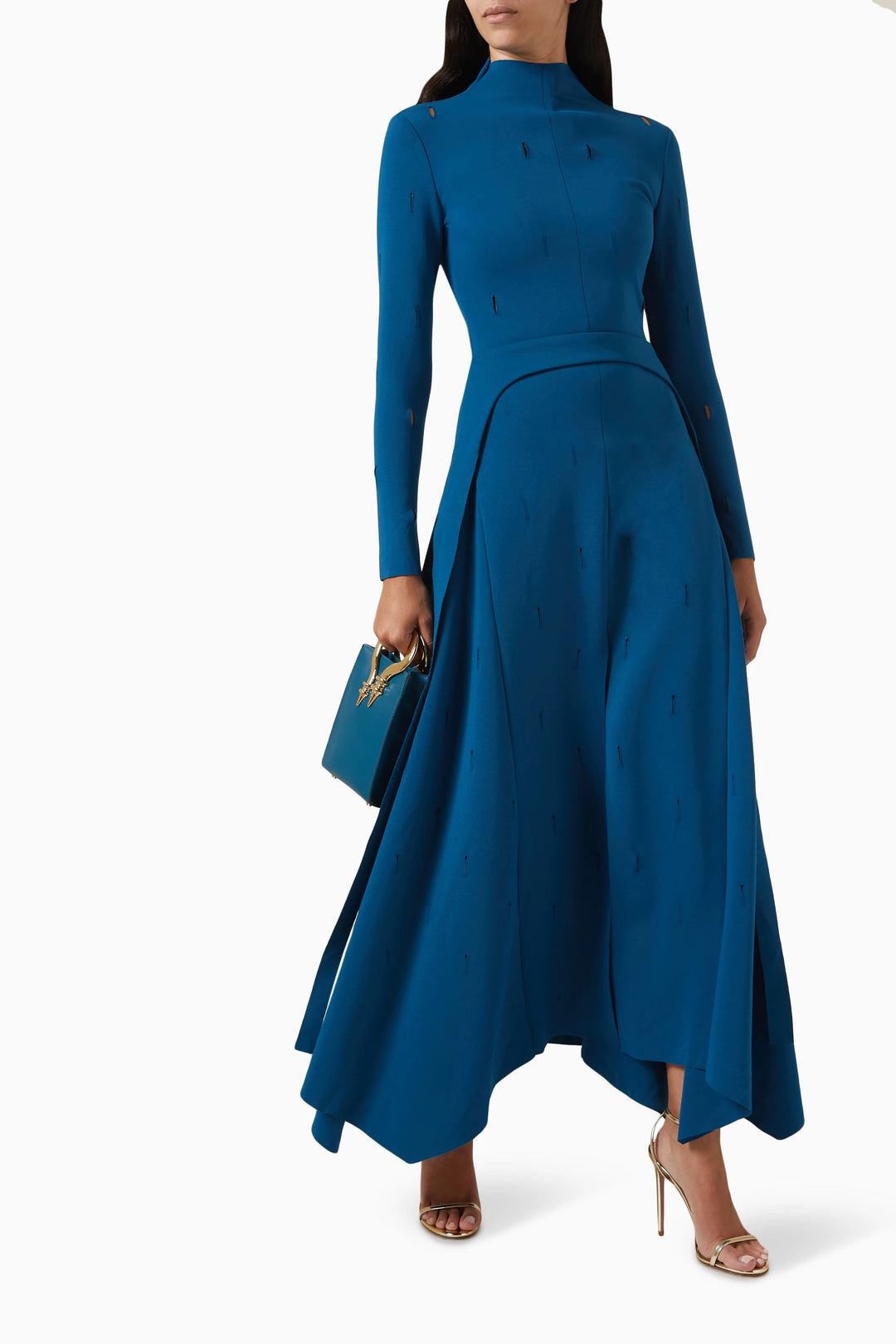 high-neck long-sleeve gown with front slit – RUBINA