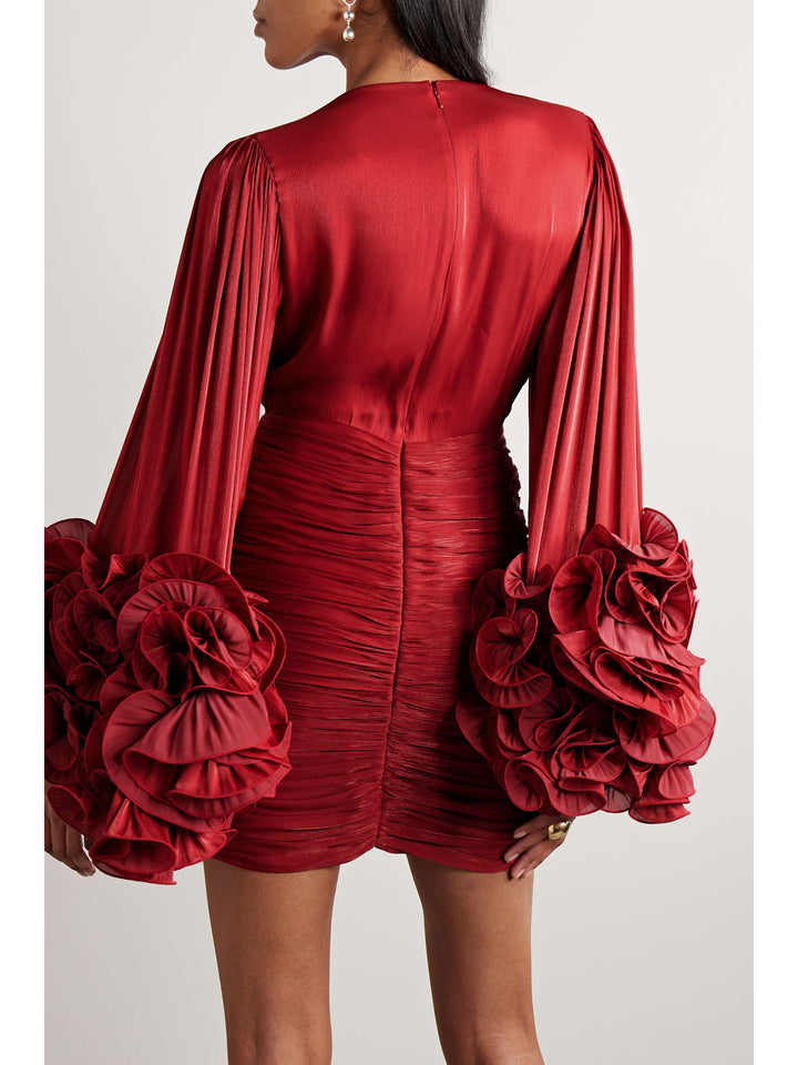 ruched mini dress with floral cuff sleeves – SCARLET