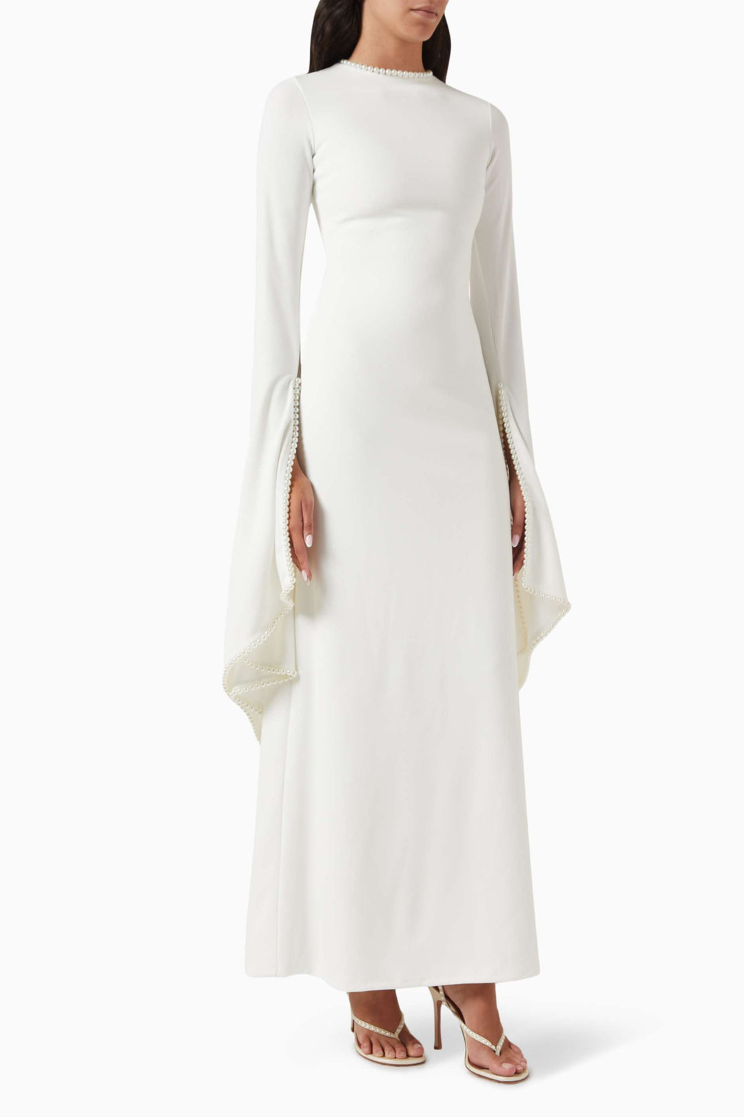 long-sleeve gown with pearl-trimmed flared cuffs – OPHELIA