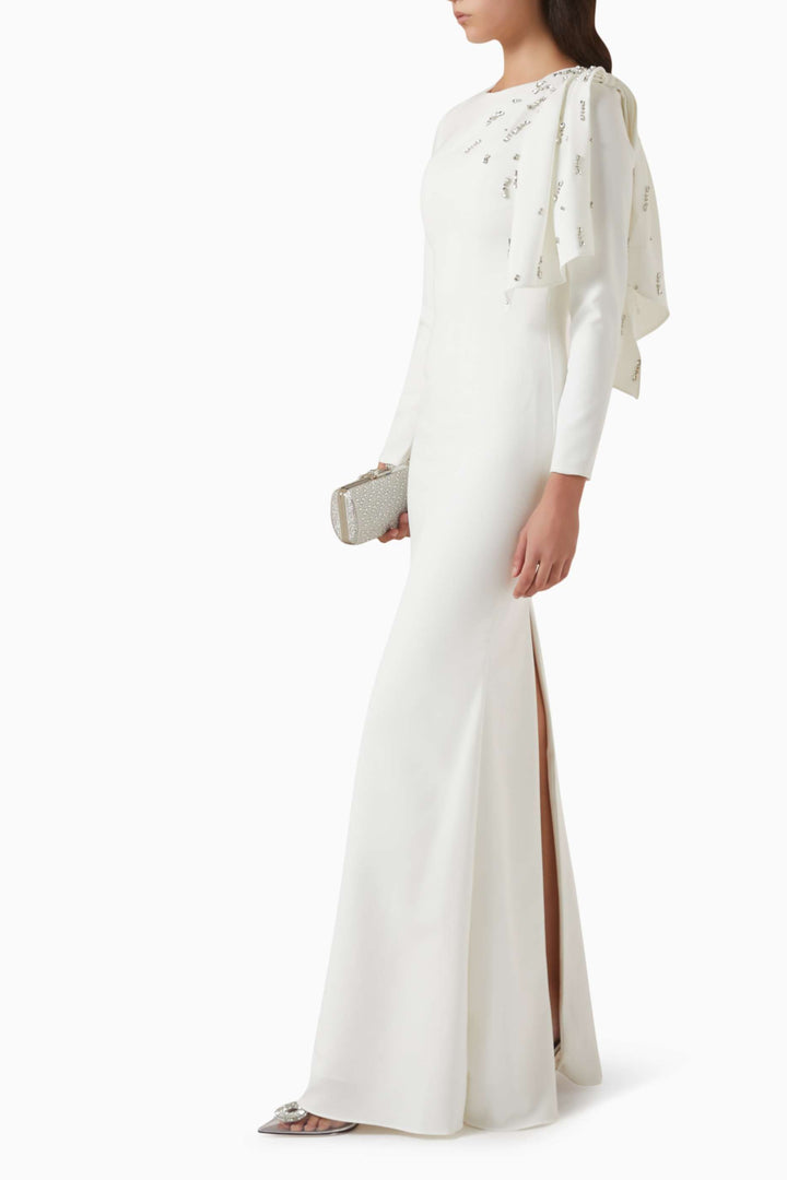 embellished draped-shoulder column gown – RUBINA