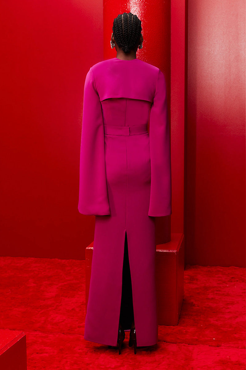 asymmetric one-shoulder gown with cape sleeves – FUCHSIAE